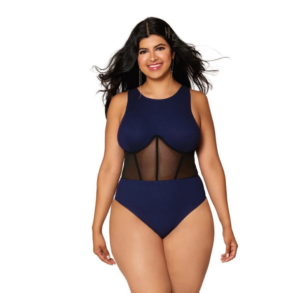 🦋B2G1🦋DREAMGIRL Rib Knit High Neck Racer-Back Teddy Sleepwear Lingerie | PLUS |